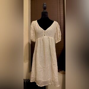 Made In Italy Cream Sheer Chiffon Puff Sleeve With Sundress Gold Dot Details